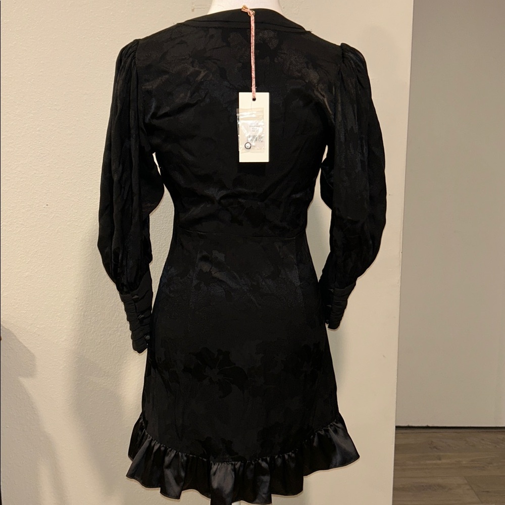 LoveShackFancy Black Jacquard Puff Sleeve Mini Dress XS Satin Ruffle Hem NWT - Picture 9 of 16
